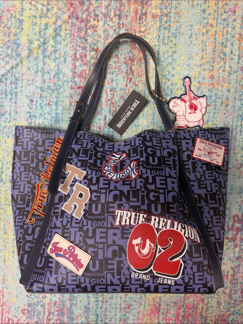 True Religion Navy and Red Logo-Print Tote